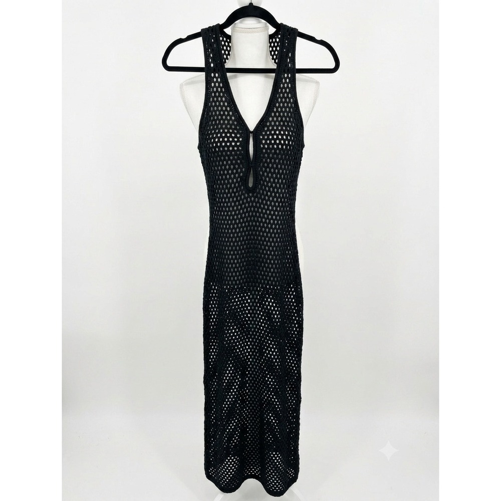 Cupshe Black Crochet Knit Midi Dress Sleeveless V-Neck Cover Up Medium NEW